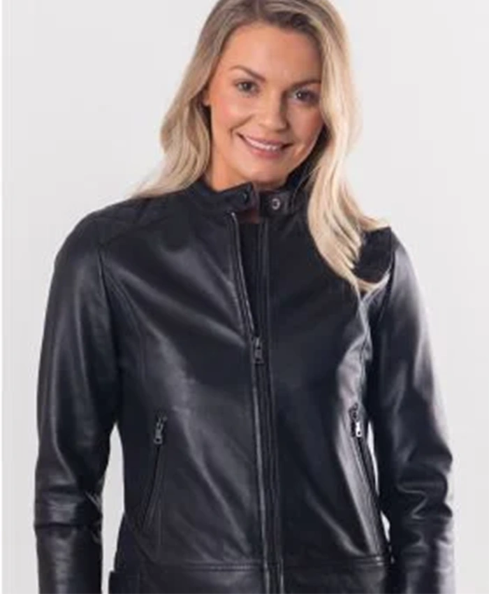 Donna Lakeland Leather Snap Collar Black Racer Jacket