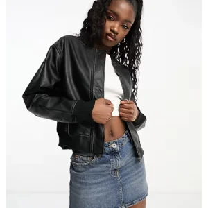 Jeana J Cotton:On PU Leather Rib Collar Black Bomber Jacket