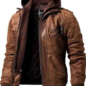 Mens Biker Removable Hood Bomber Brown Leather Jacket