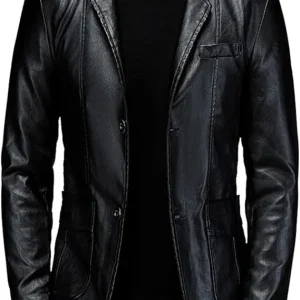 Mens Samuel 2 Buttons Black Leather Blazer Jacket