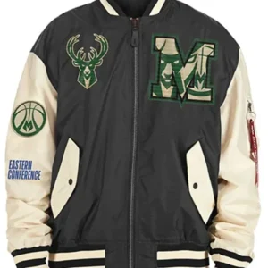 Milwaukee Bucks New Era Black And Beige Bomber Jacket