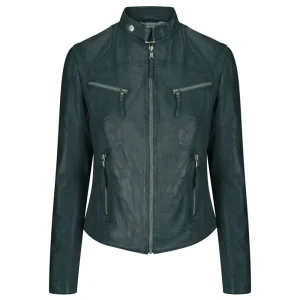 Womens Slim Fit Biker Green Genuine Leather Jacket